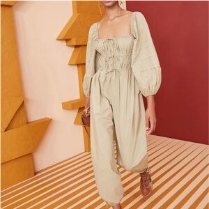 Worn 1x Ulla Johnson Amalie jumpsuit dune tan green khaki with balloon sleeves 0
